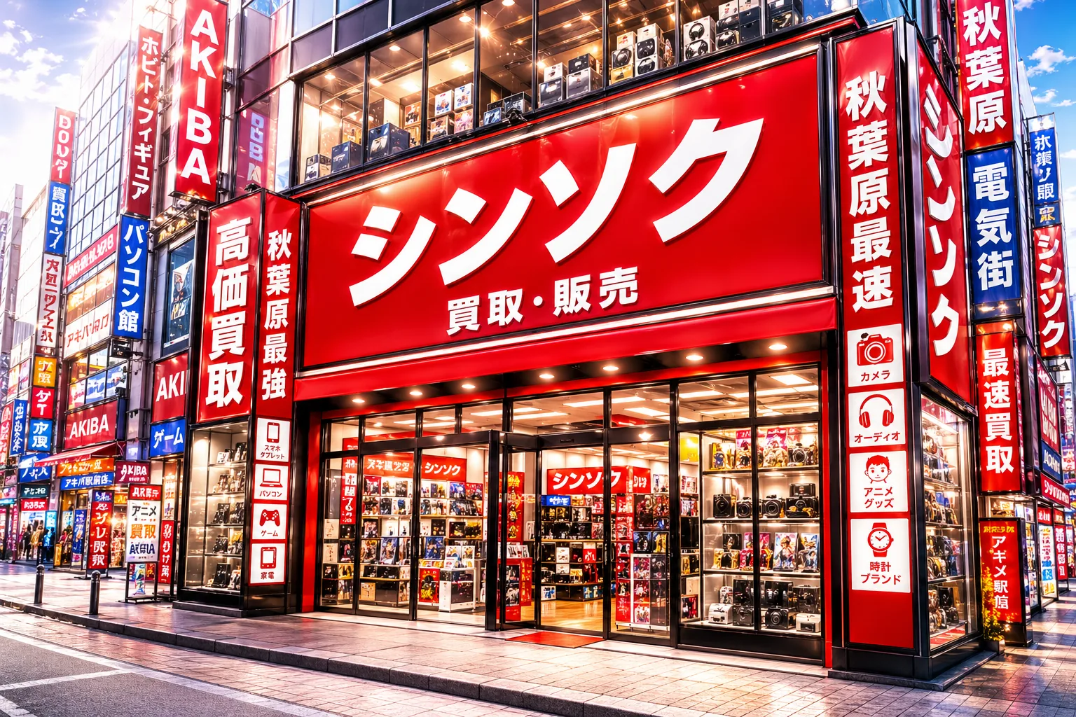 赤いシンソク看板が光る秋葉原店舗外観イメージ